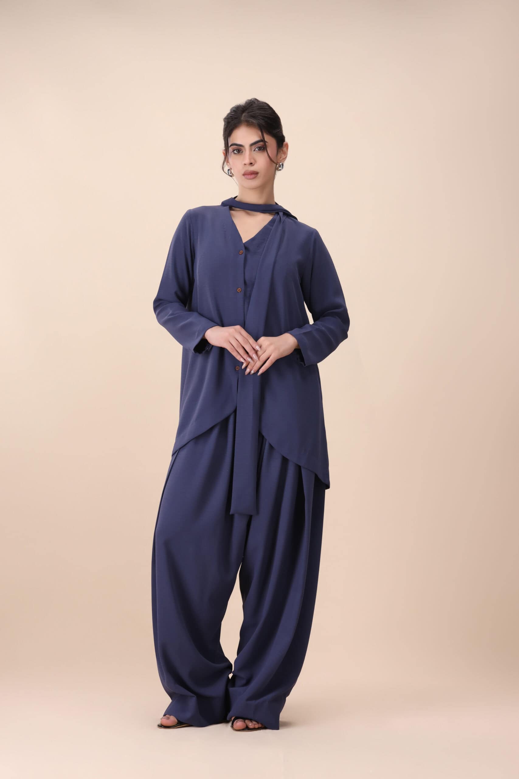 Navy Draped Button-Front Co-Ord