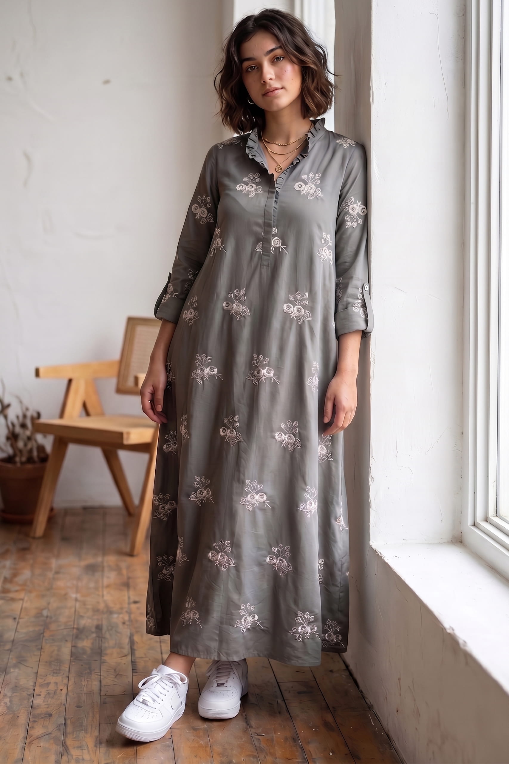 Grey Blossom Embroidered Frock