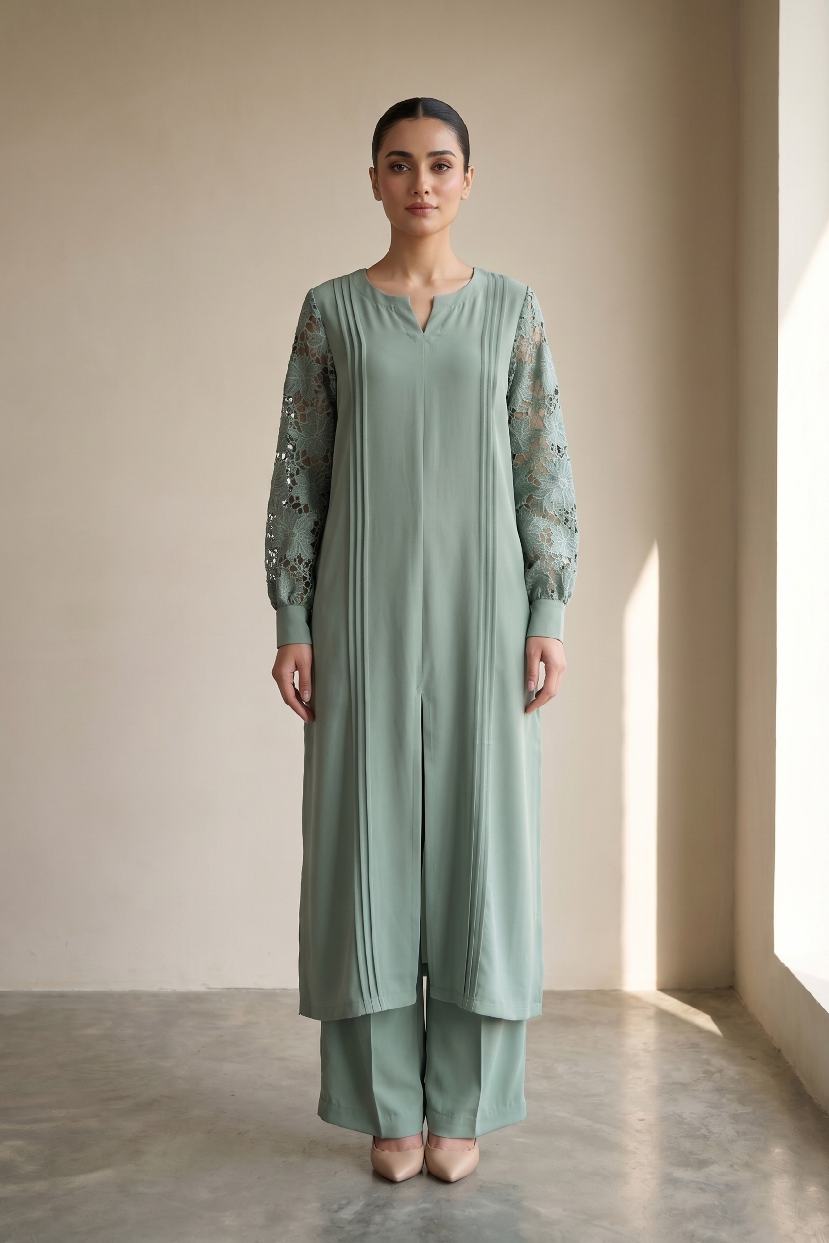 Sage Élan Lace Sleeve Co-Ord Set