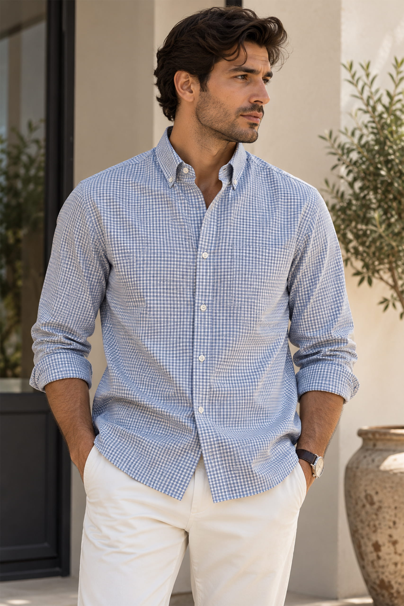 Blue Gingham Button-Down Shirt